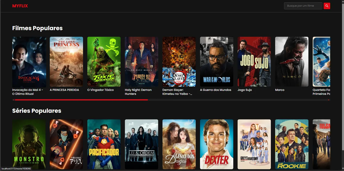Tela do MyFlix exibindo catálogos de filmes e séries